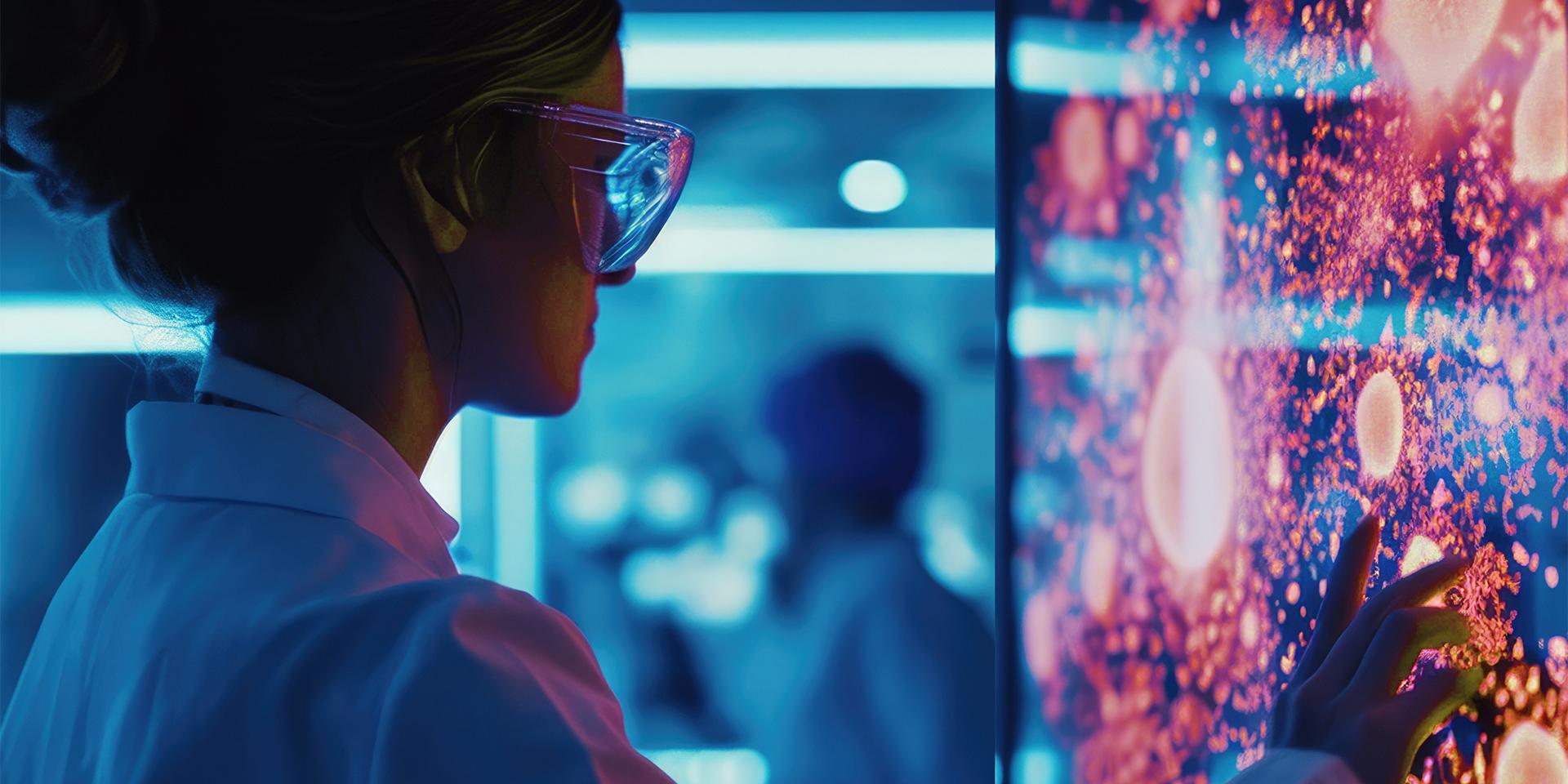 Woman with safety glasses and white gown, being in dimly glowing blue laboratory, touching screen with her hand that shows what looks like cells, lighting up in bright red and orange