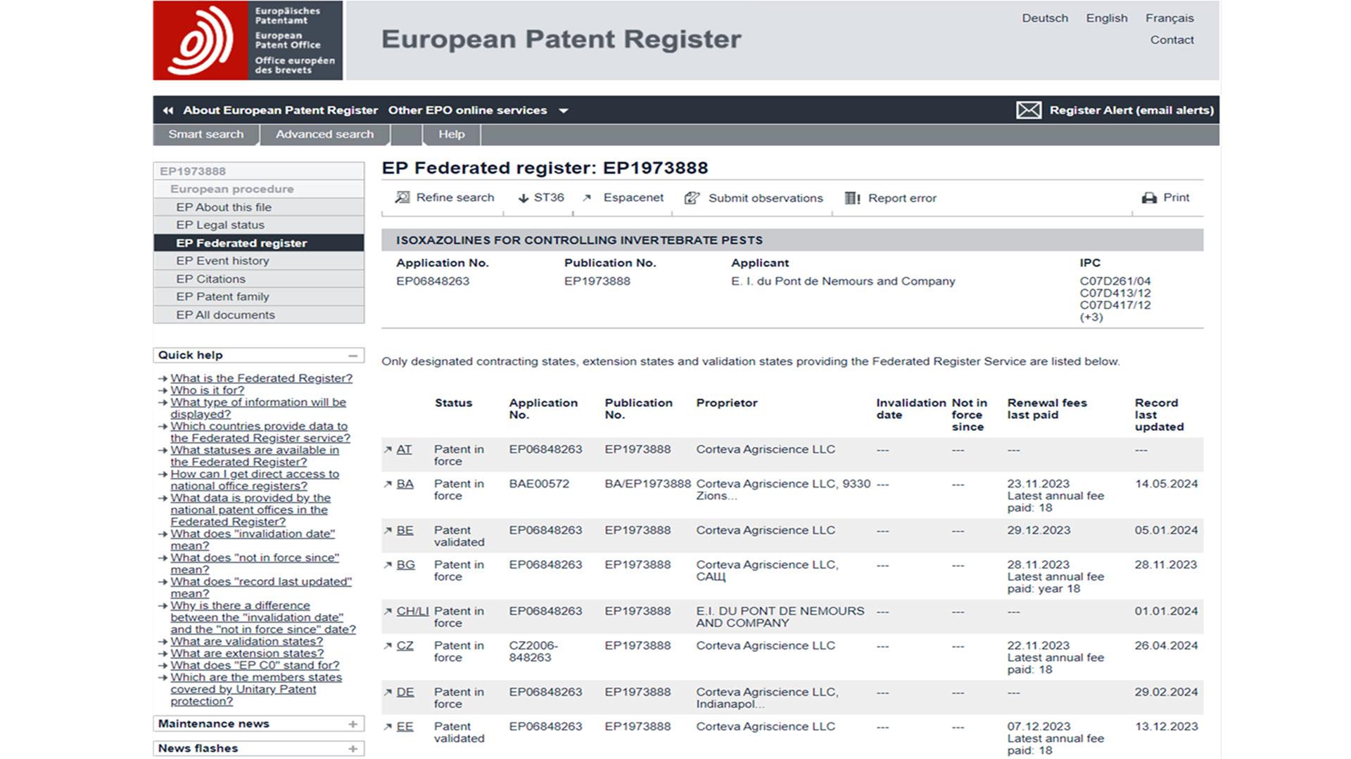Screenshot from EP Federated Register