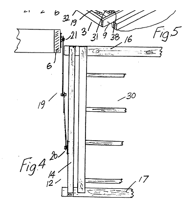 26.   Figur 4 der Patentschrift zeigt, wie die oberste Leiter 30 der Treppe am Außenrahmen 6 in der...